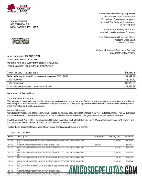 Modelo de extrato bancário do primeiro século dos EUA